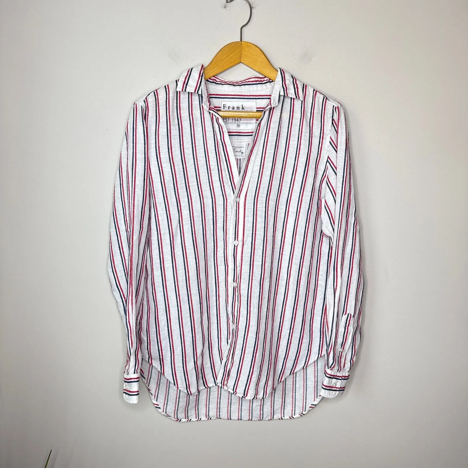 Frank & Eileen FRANK Classic‎ Linen Blend Red & Navy Striped Button Down Medium - Image 3