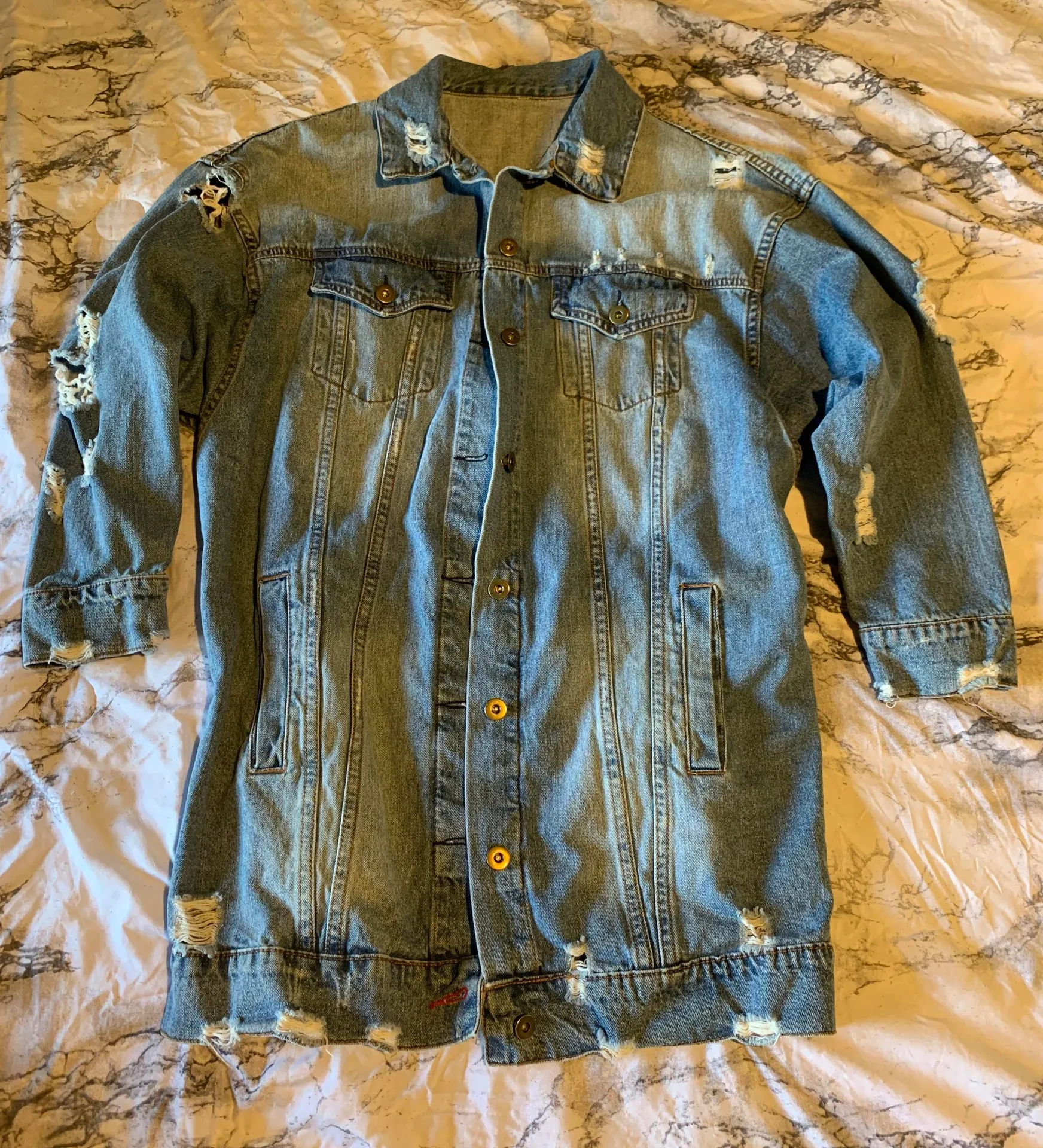 Distressed Trench Jean Jacket Blue Size L - Image 4
