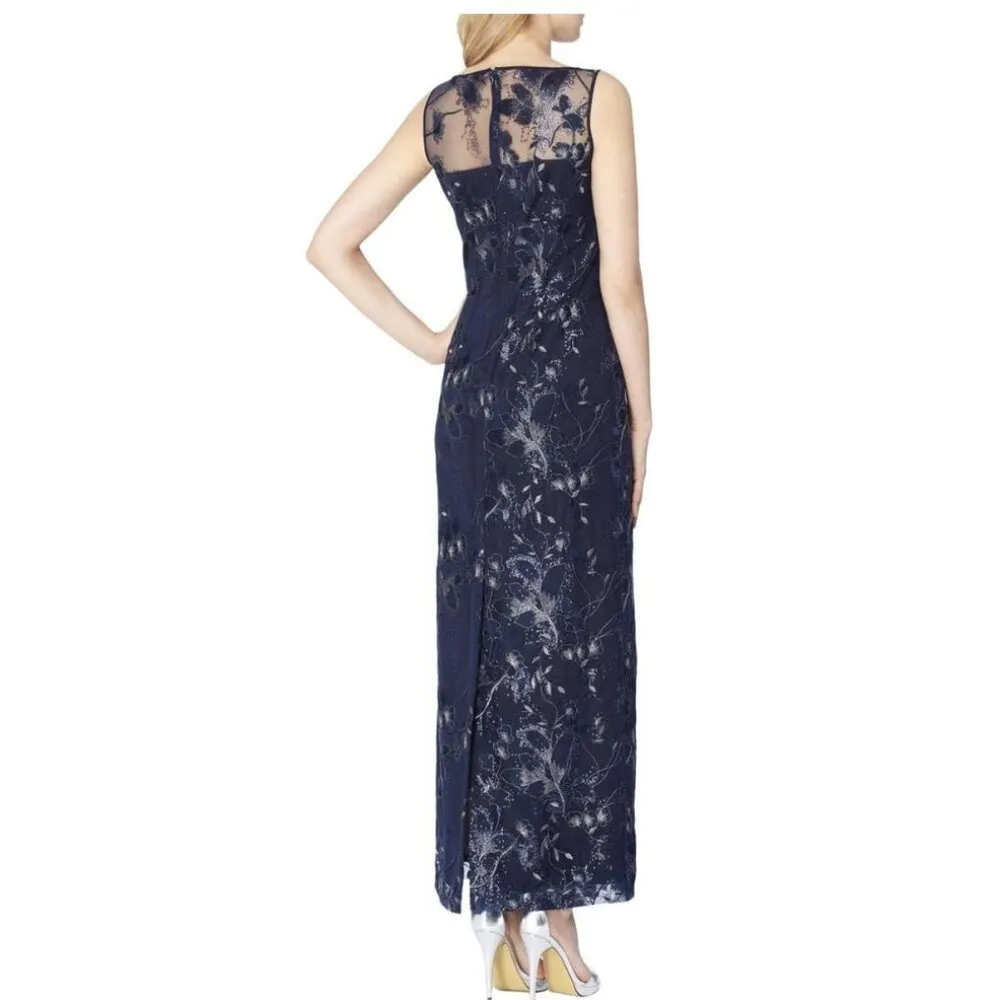 Tahari by Arthur S. Levine Women's Embroidered Lace Column Gown Navy Size 8 New - Image 2