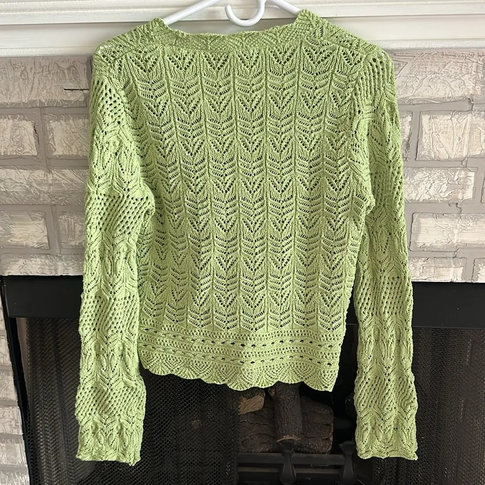 Mango MNG Open Work Knit Scalloped V neck Cardigan Long Sleeve Green Womens S - Image 8