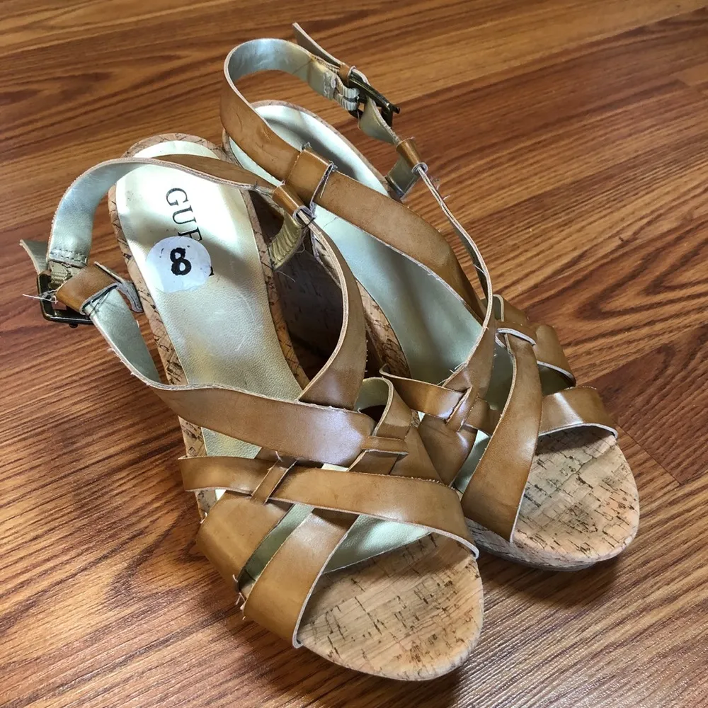 GUESS Brown Strappy Cork Wedge Sandals S8 - Image 3