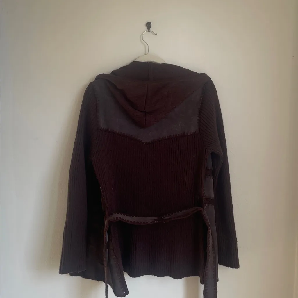 Vintage Leather & Knit Hooded Jacket Brown Size L - Image 6