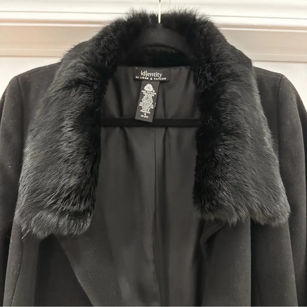 Vintage Lord & Taylor Wool Blend Knee length Belted Coat Rabbit Fur Trim Black Size XS - Image 6
