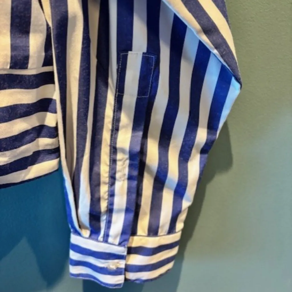 True Destiny L Blue White Stripe Crop Long Sleeve Twist Top Modern Collar Button - Image 5