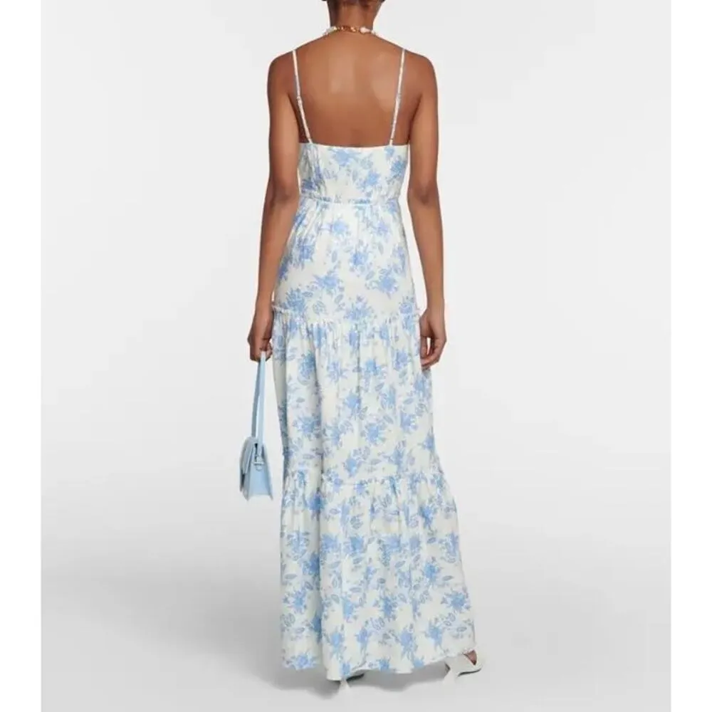 LoveShackFancy Blue White Floral Button Front Garnita Linen-Blend Maxi Dress 4 - Image 2