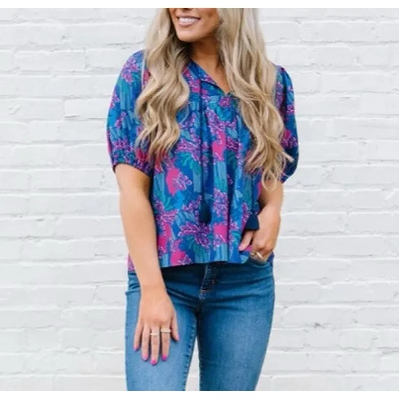 Michelle McDowell Penny Top Center Piece Navy Print Puff Sleeve Blouse block Blue Size M - Image 4