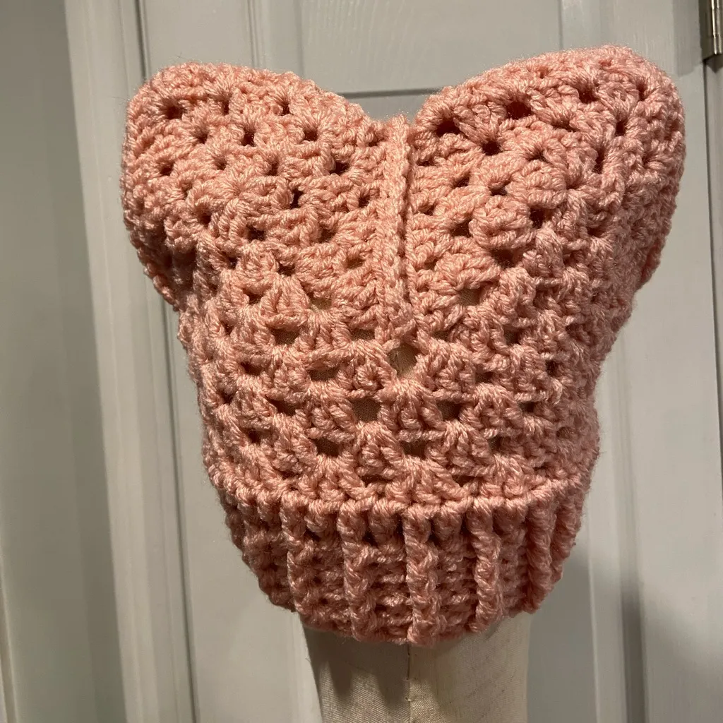 Handmade Crochet Cat Animal Ear Beanie Hat Cozy Ribbed Brim Stretch Winter Hat - Image 3