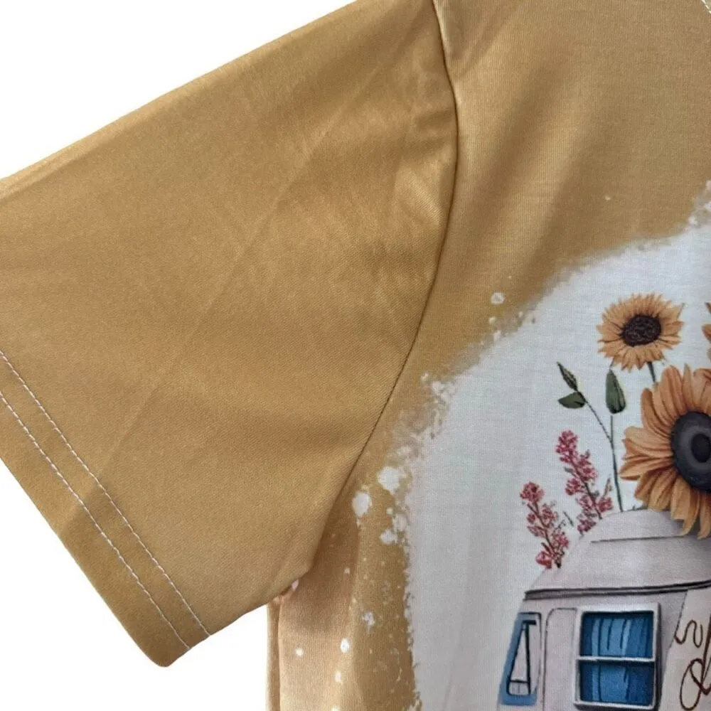 Women’s Crewneck Mustard Hippie Bohemian Van Floral Short Sleeves SZ M #2115 Yellow Size M - Image 6