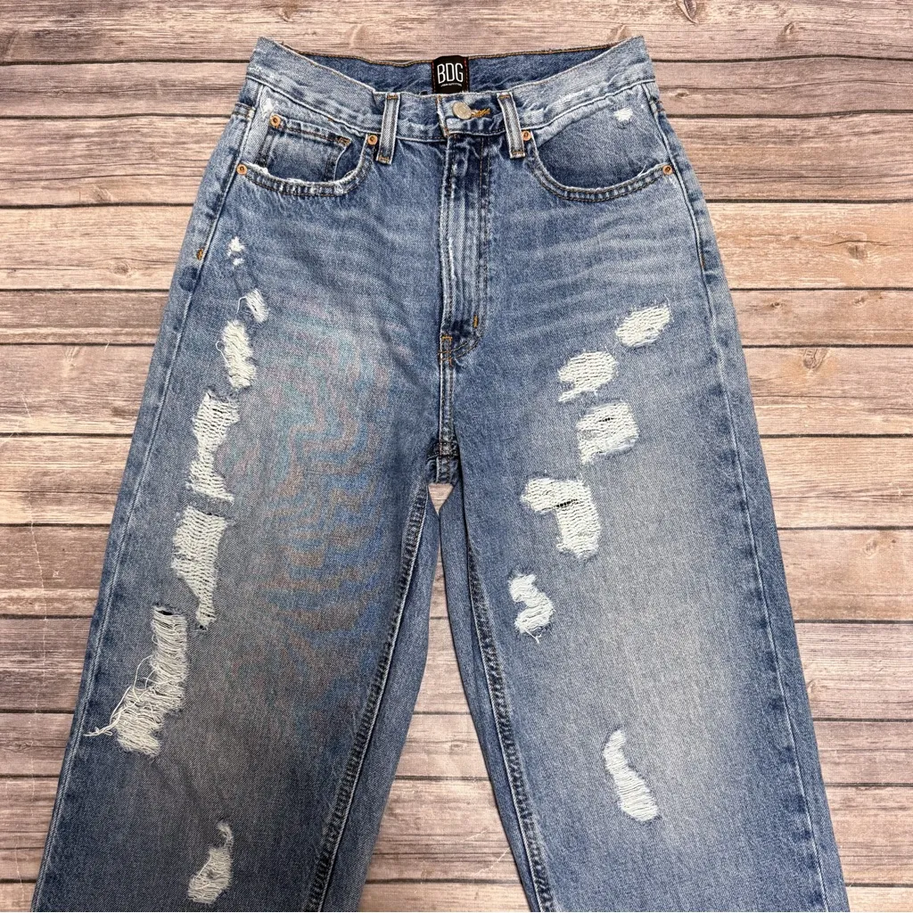BDG Urban Outfitters Medium Wash High Rise Baggy Distressed Frayed Jeans 27 - Image 2