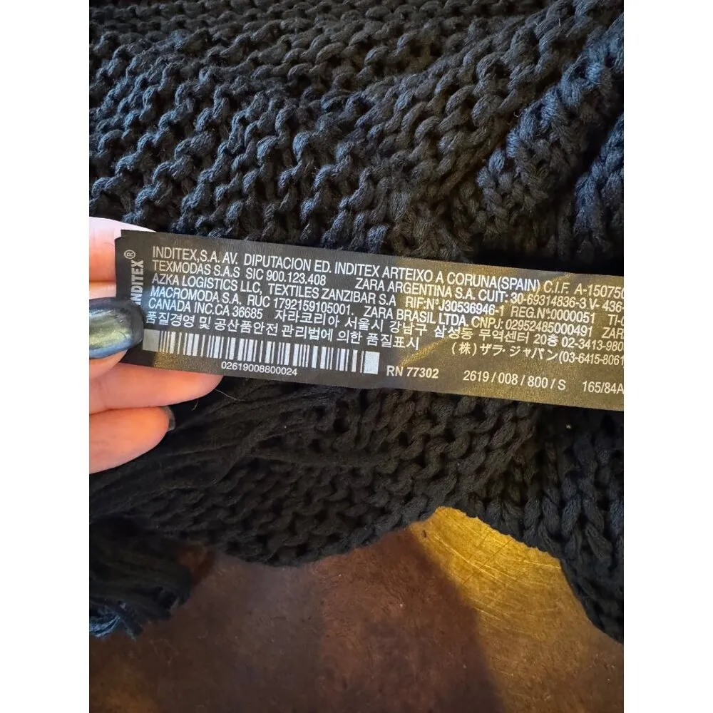 Zara Sweater Women‎ Small Black Open Knit V Back Fringe Sides Short Sleeve Tunic - Image 10