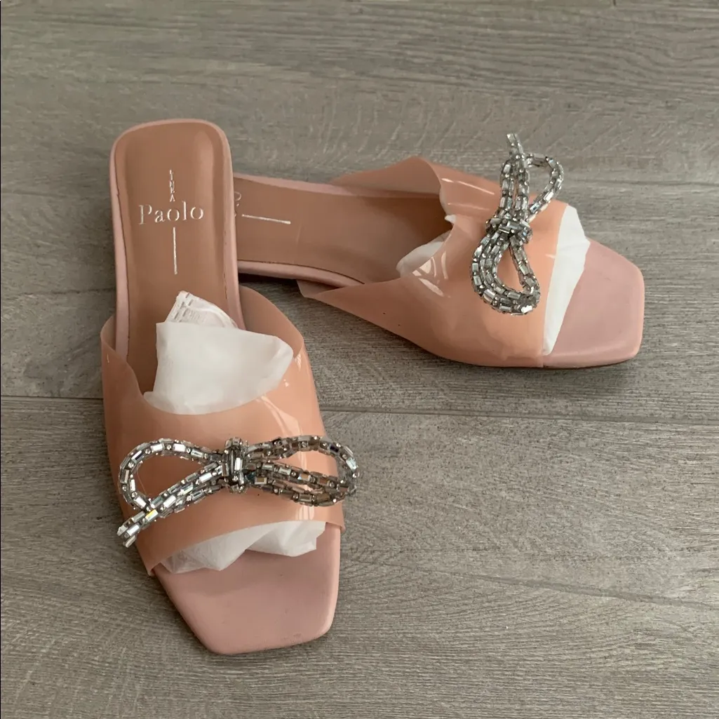 Línea Paolo Leigh Blush Pink Slide Sandals with Embellished Jewel Bow - Image 3