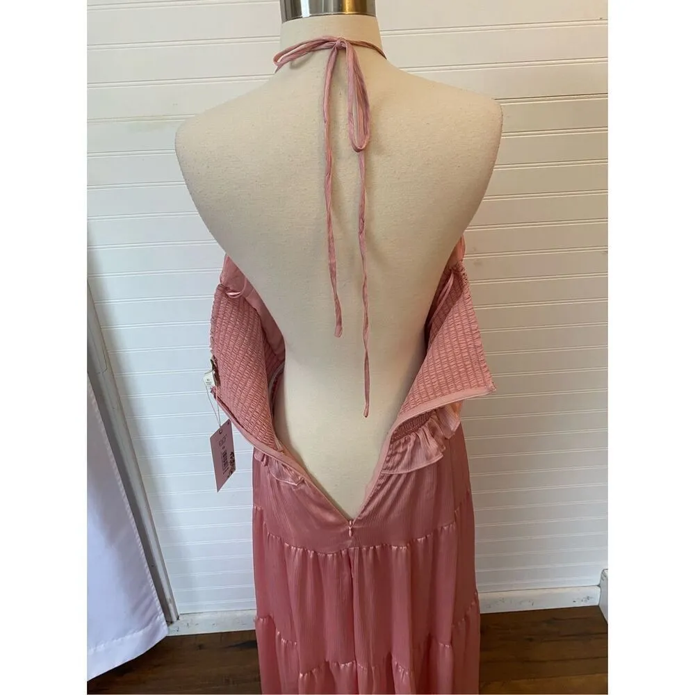Chelsea & Violet Plisse Pink Satin Halter Neck Tiered Dress - Image 7