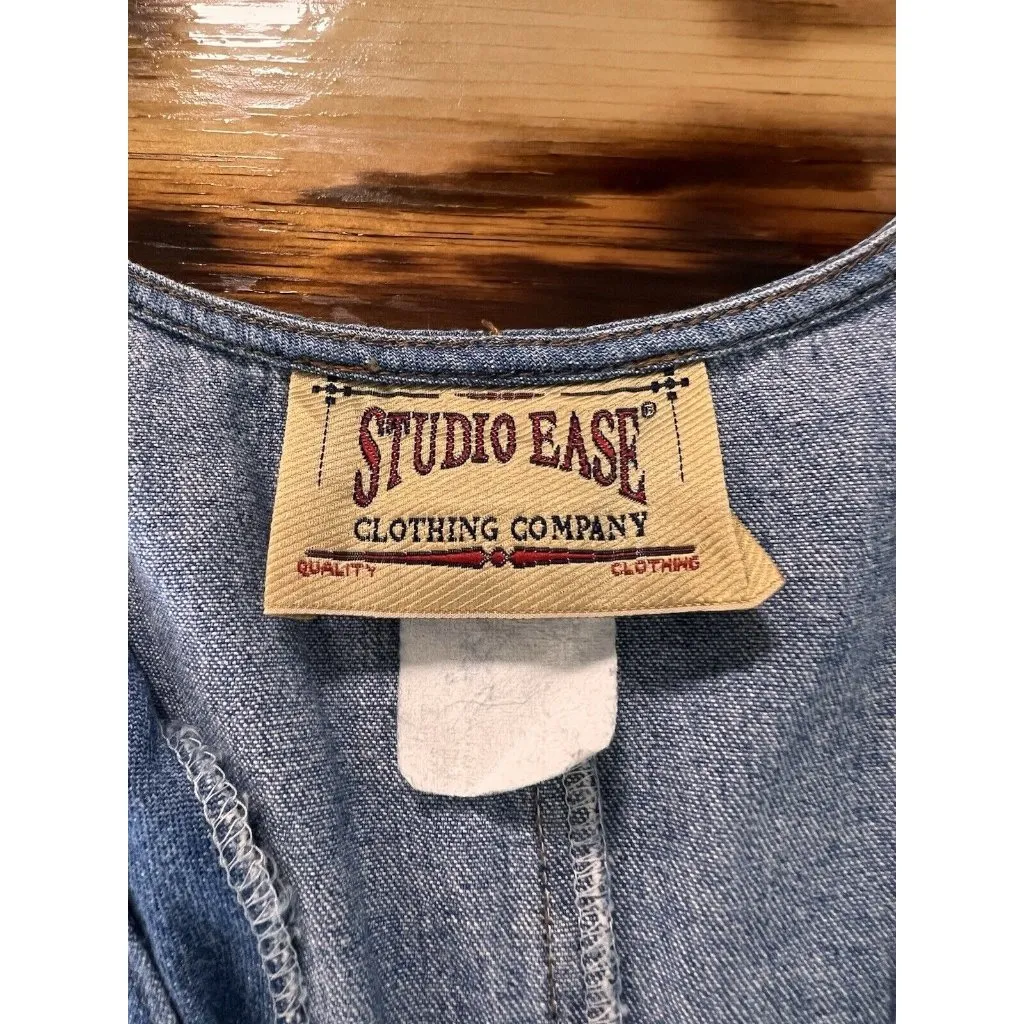 Studio‎ Ease Size Measured Maxi Denim Jumper Dress V Neck Western Cowgirl Blue - Image 3