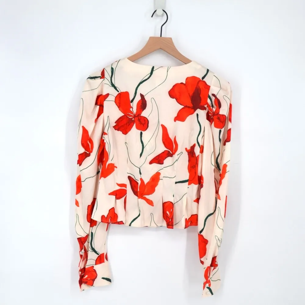 NEW Hutch Britt Button Front V-Neck Satin Top Puff Sleeve White Red Women's XS - Image 8