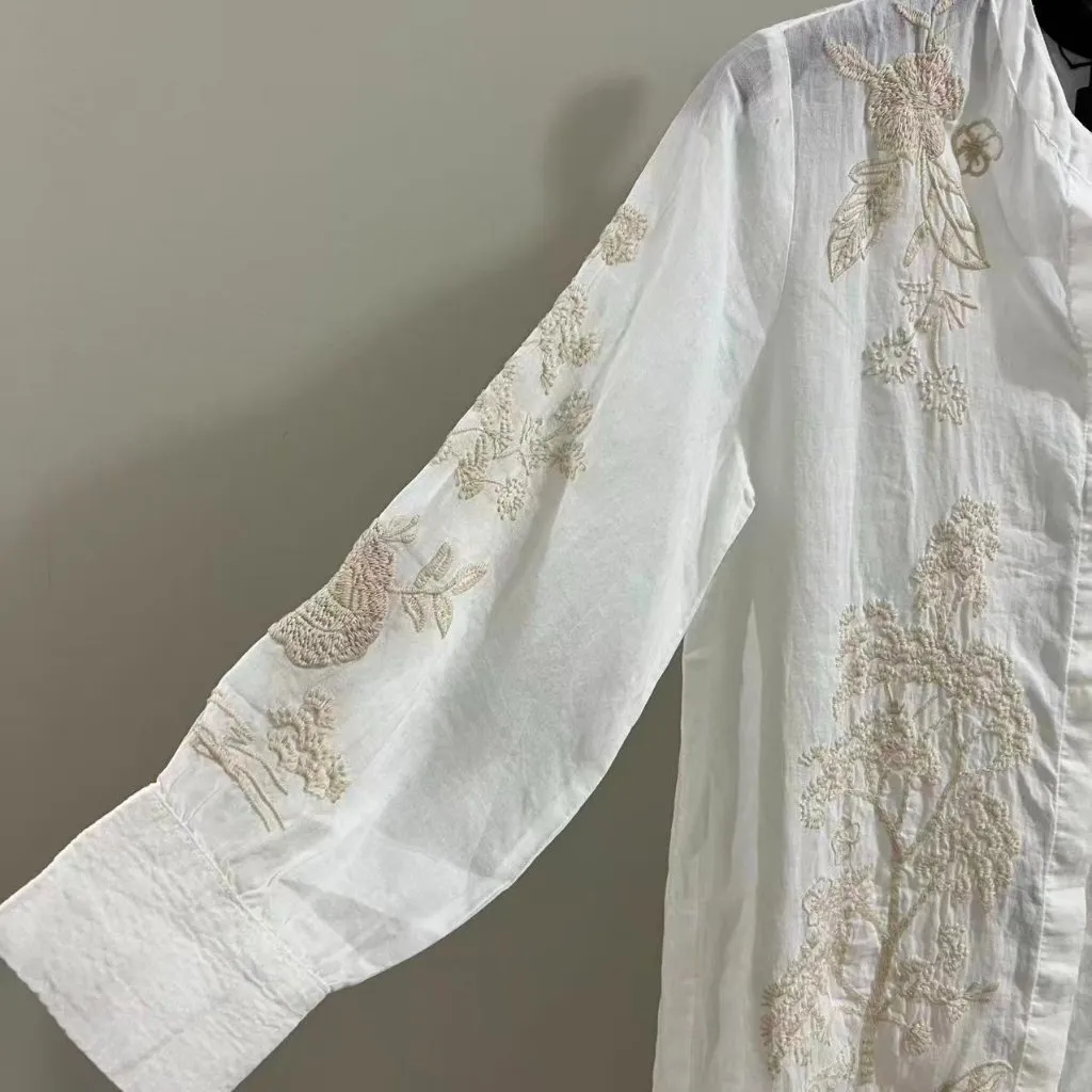 NWOT Johnny Was Embroidered Floral Cream Cotton Button Tunic Blouse Size S - Image 9