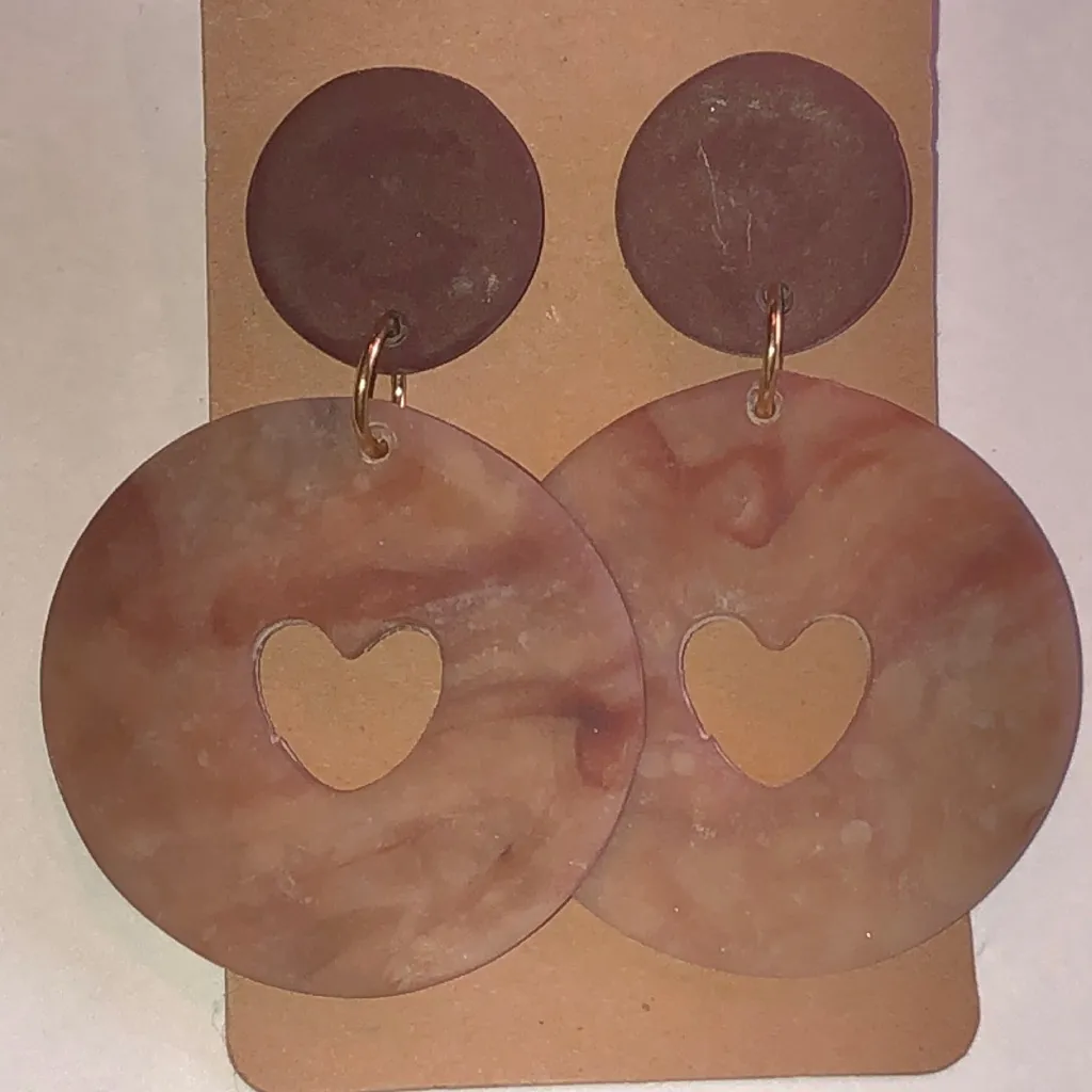 Brown Heart Cutout Retro Boho Clay Statement Earrings - Image 2