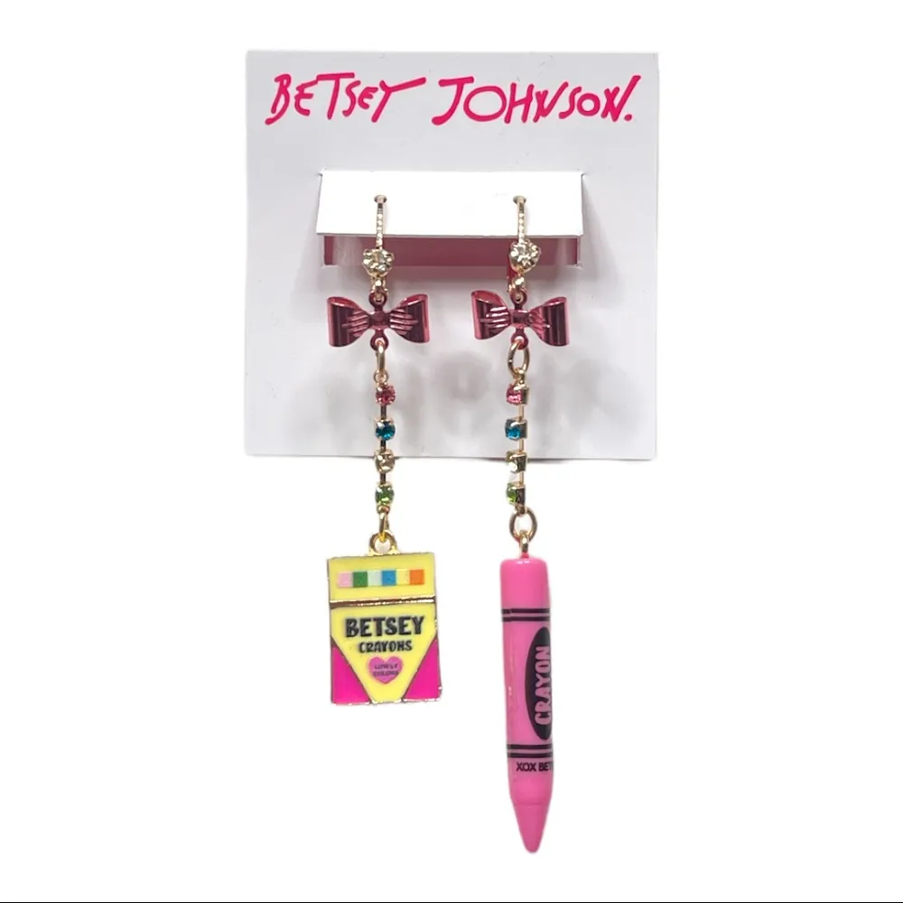 Betsey Johnson Box of Crayons Dangle Earrings Mismatch Pink Yellow - Image 4