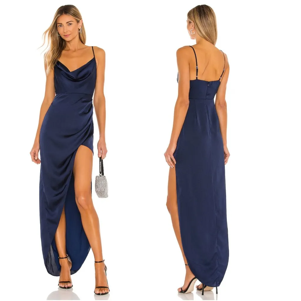 NWT NEW NBD Shelby Navy Satin Cowl Neck Slit Gown Revolve Size S - Image 2