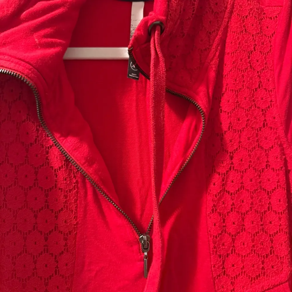 Kensie Red Crochet Short Sleeve 1/4 Zip Neck Tunic Dress with Pockets Size XS - Image 3