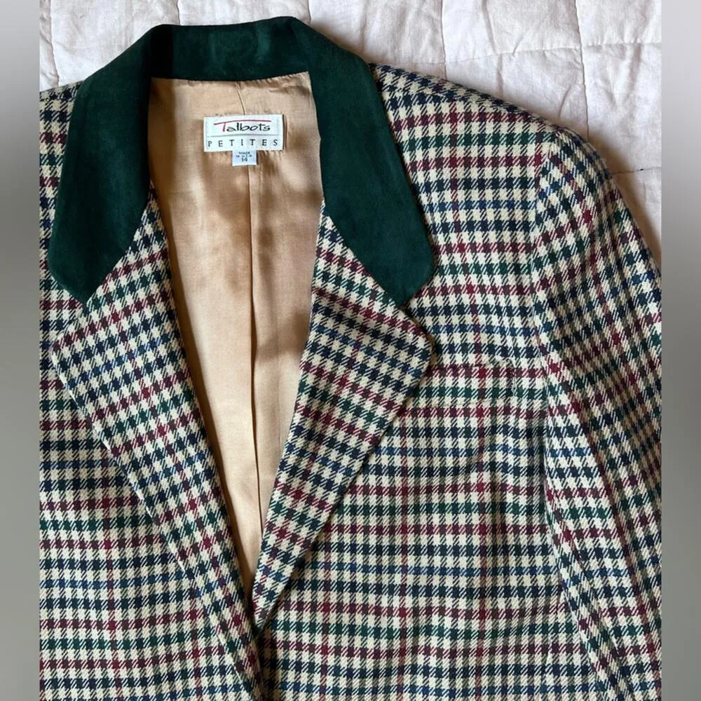Vintage Talbots Green Red Plaid & Green Suede Collar Blazer Holiday Christmas-14 - Image 2