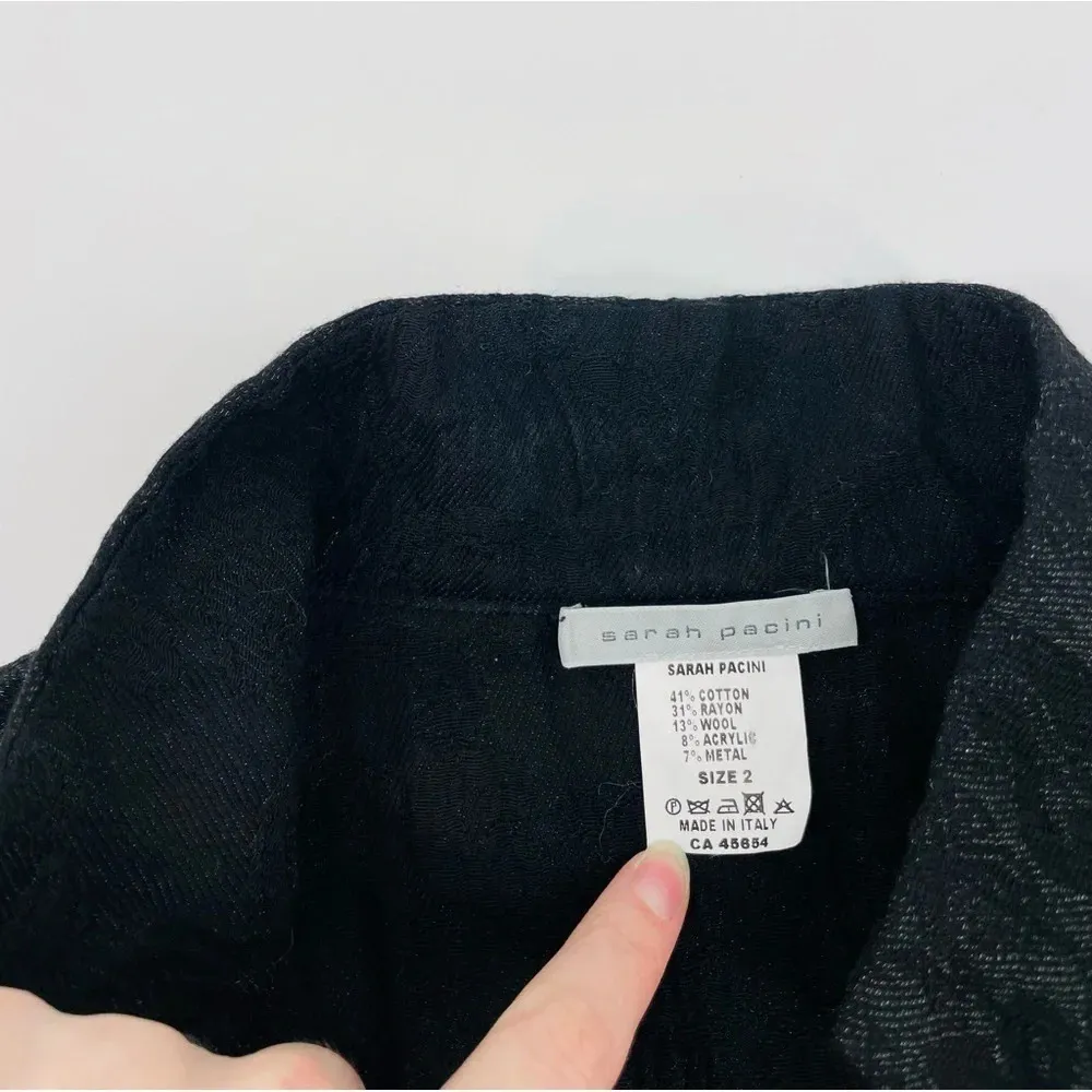 Sarah Pacini Wool Blend High Low Patterned Jacket Shimmer Undertone Black Size 2 - Image 6