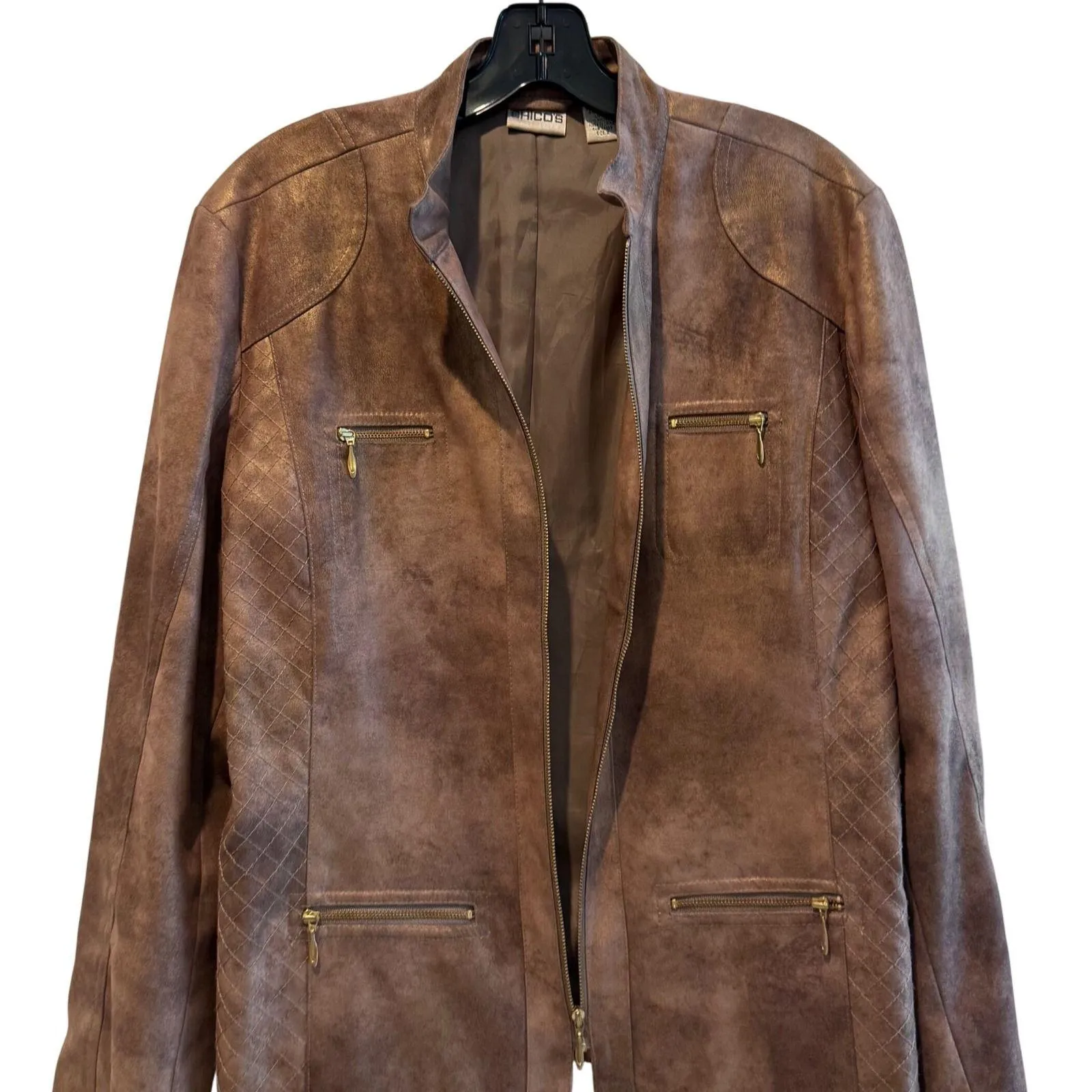 Chicos Bronze Metallic Quilted Jacket Full Zip Pockets Career Blazer Size 2 (12) Brown - Image 3