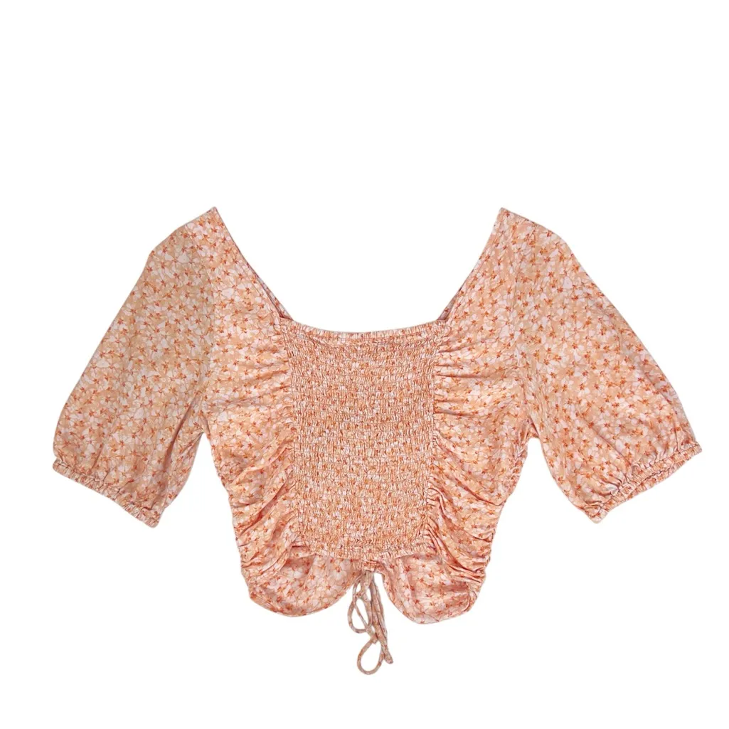 H&M Orange Floral Smocked Short Puff Sleeve Crop Top‎ Cinched Front Size Small - Image 2