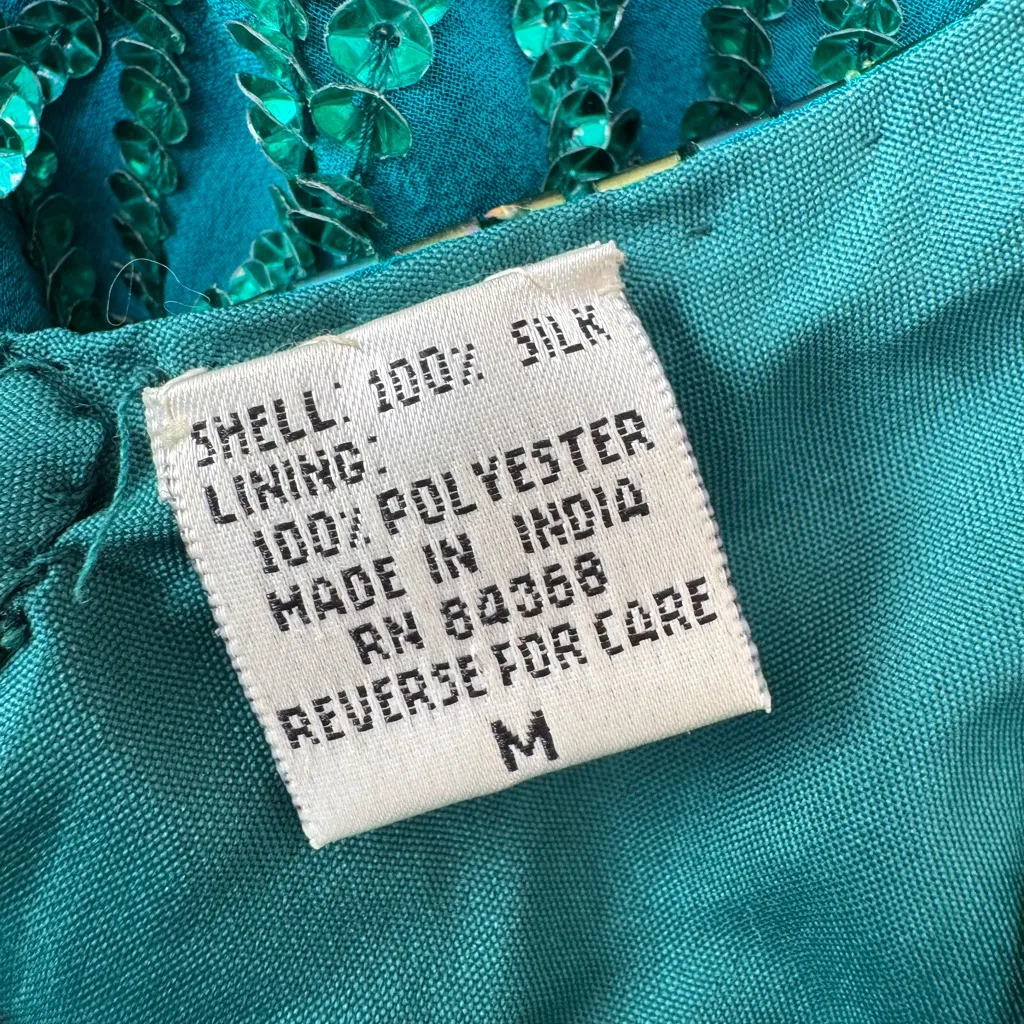 Vintage Laurence Kazar Emerald Green Sequin Beaded Silk Mini Dress Medium 80’s - Image 3
