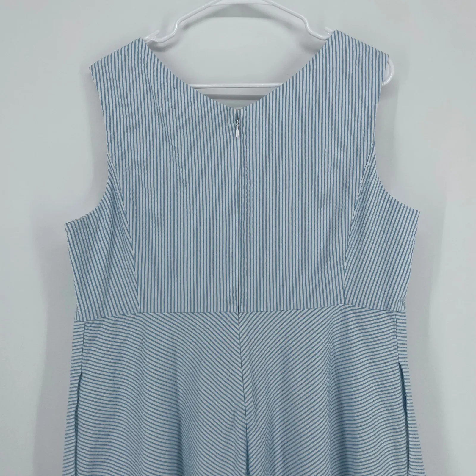 Lands End Seersucker Striped Dress 16W Blue White Sleeveless Fit Flare Pockets - Image 9