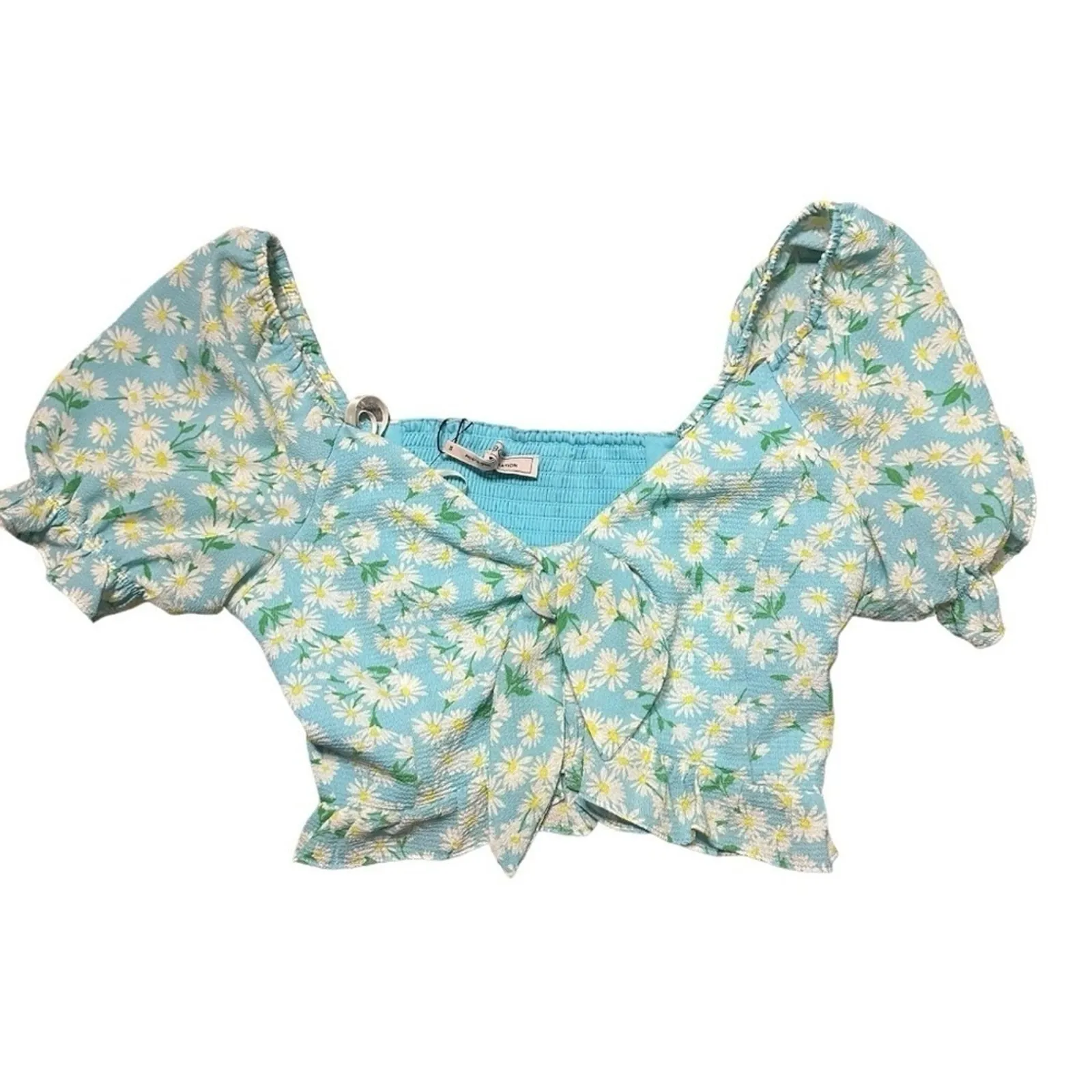 BCBGeneration Tie Front Ruffle Hem Smocked Back Crop Top bm - Image 3