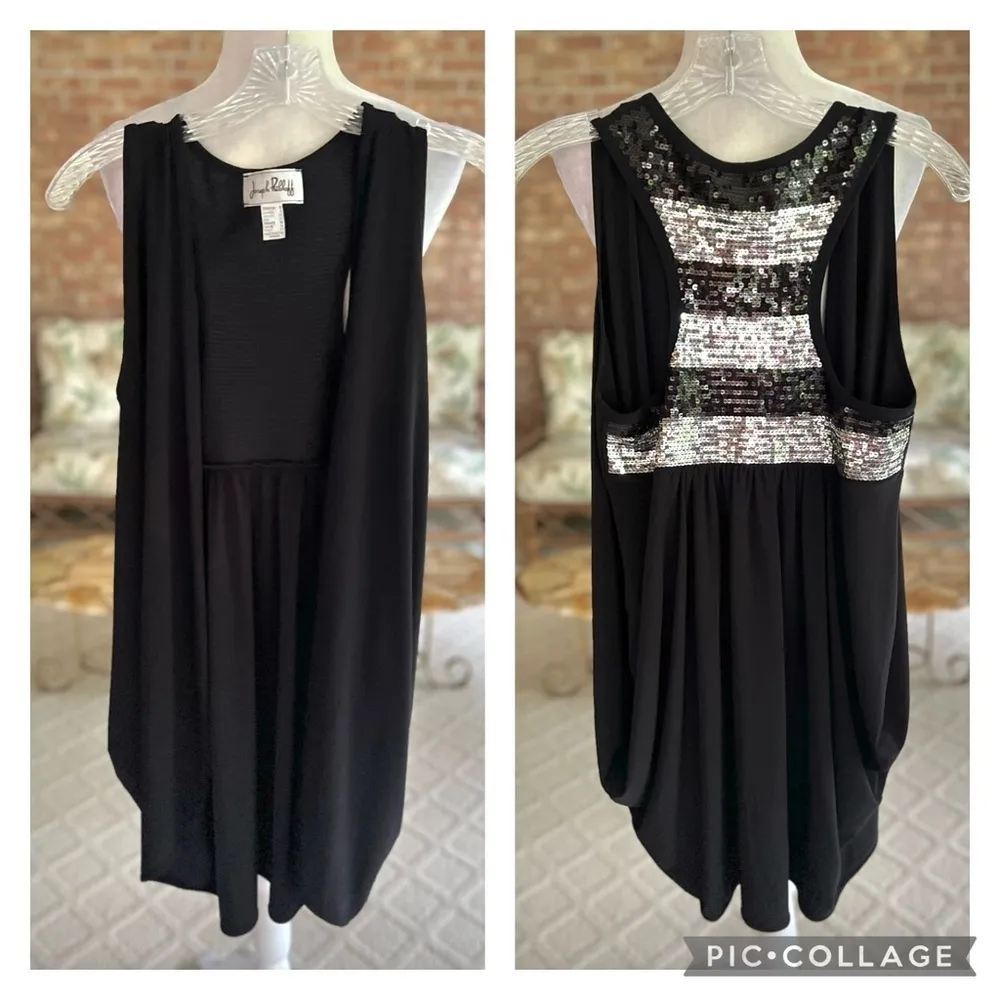 Joseph Ribkoff Vest Cocoon Knit Sequin Racerback Open Front Black 6 Cocktail Mod - Image 14