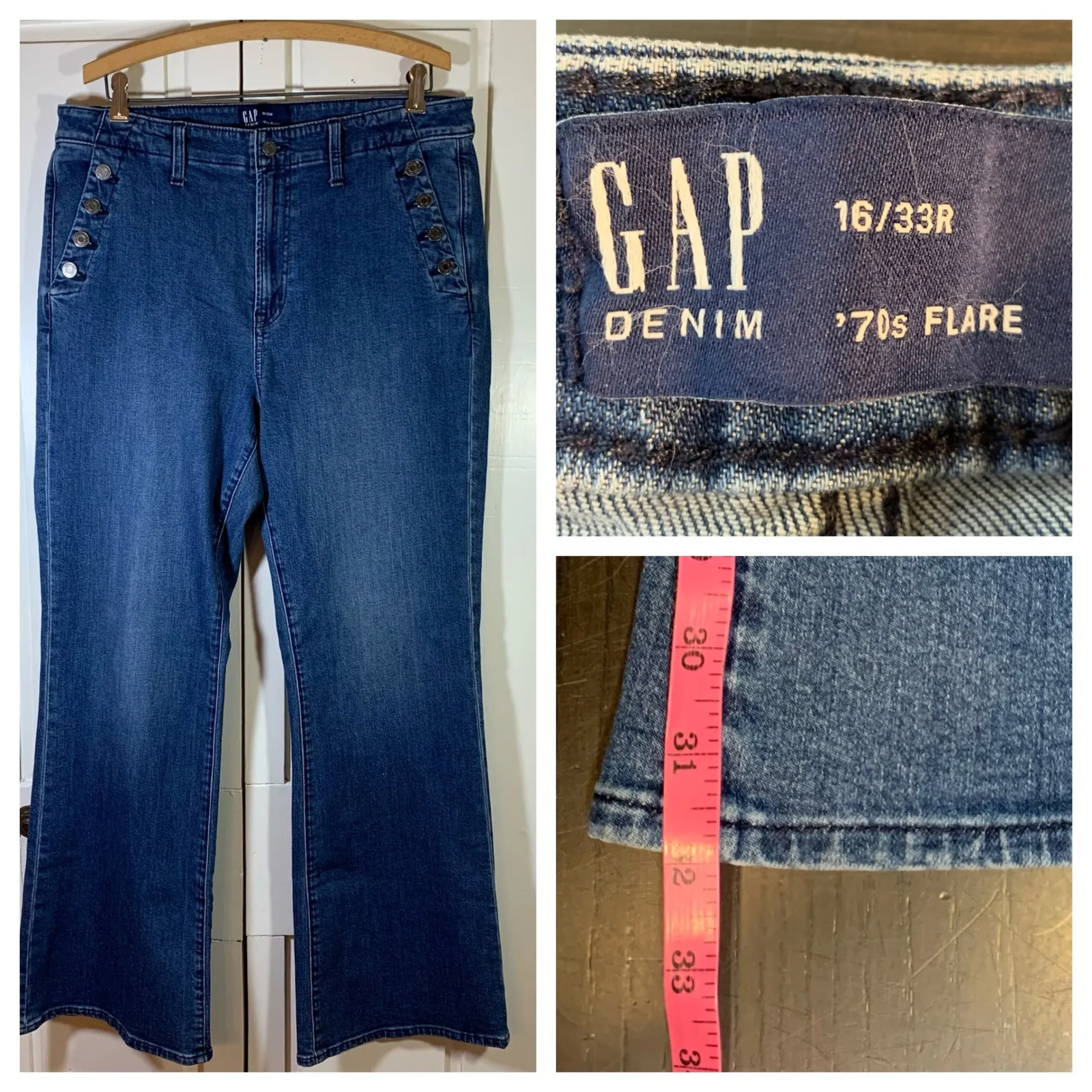 GAP Denim 70s Flare Jeans Womens Size 16/33R Blue High Rise Retro Stylish Trendy - Image 16