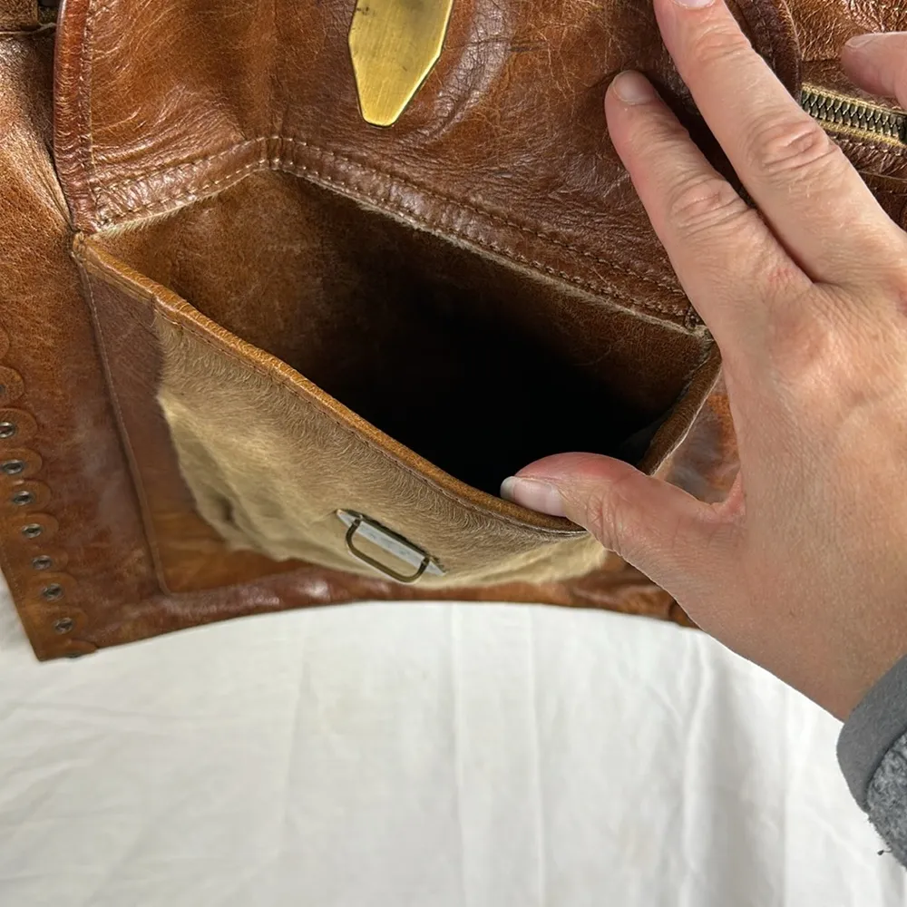 Vintage PRINCIPE Brown Leather COWHIDE PONY HAIR Satchel Crossbody Made in Italy - Image 5