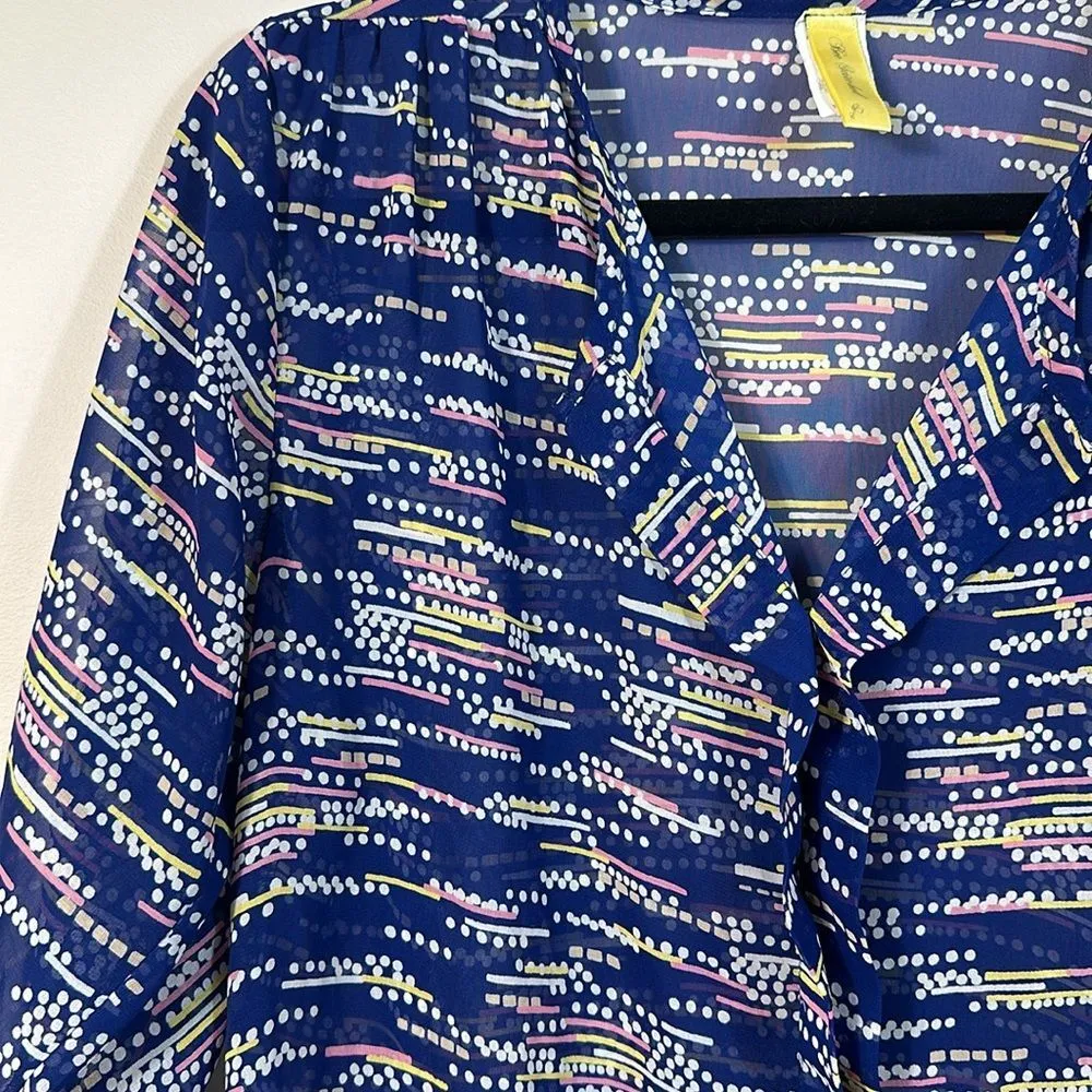 Bee Stitched Sheer Tunic Blur Yellow Pink Patterned Top Women Size Small Blue - Image 3