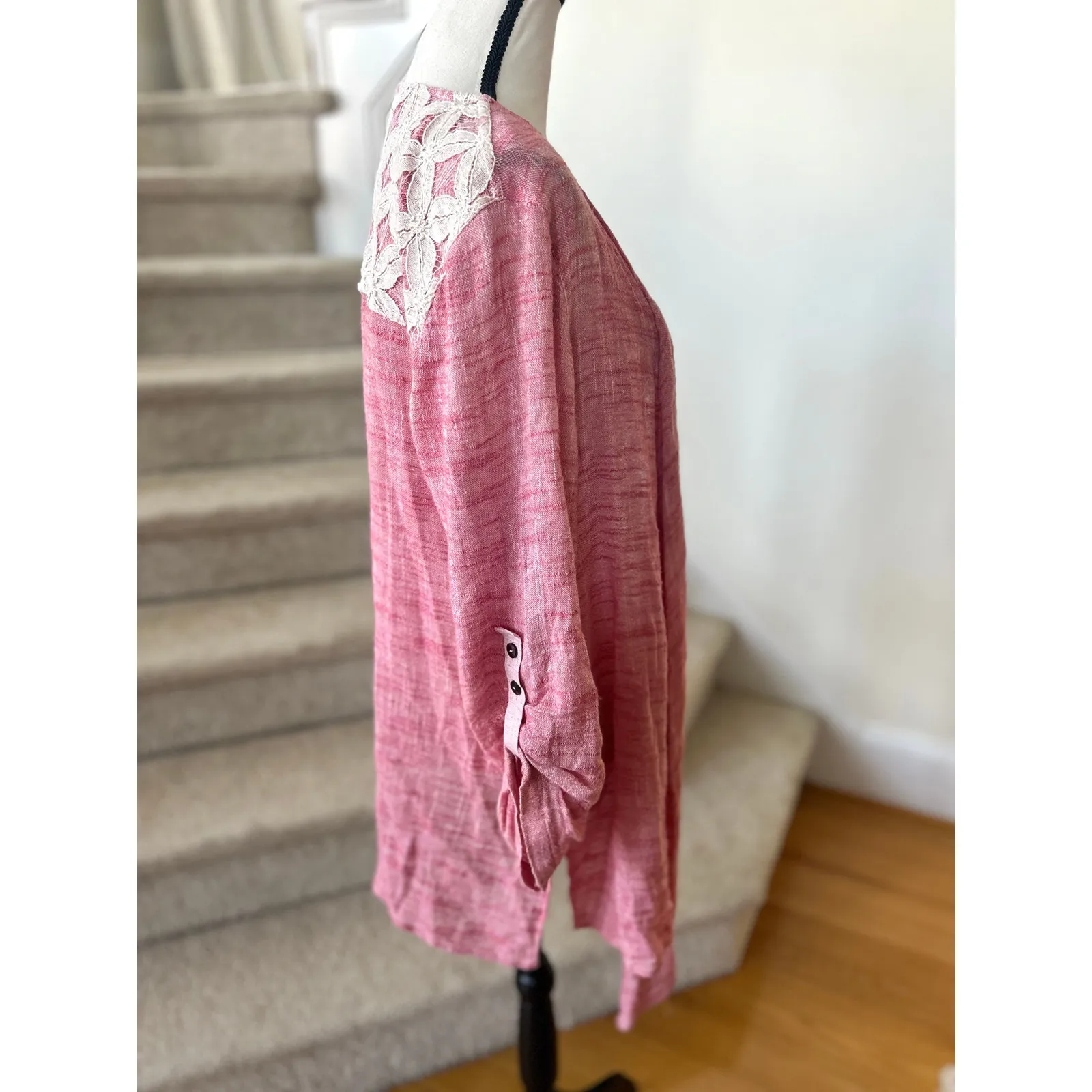 John Mark Red & Cream Lace Button Back Linen Blend Blouse - Image 3