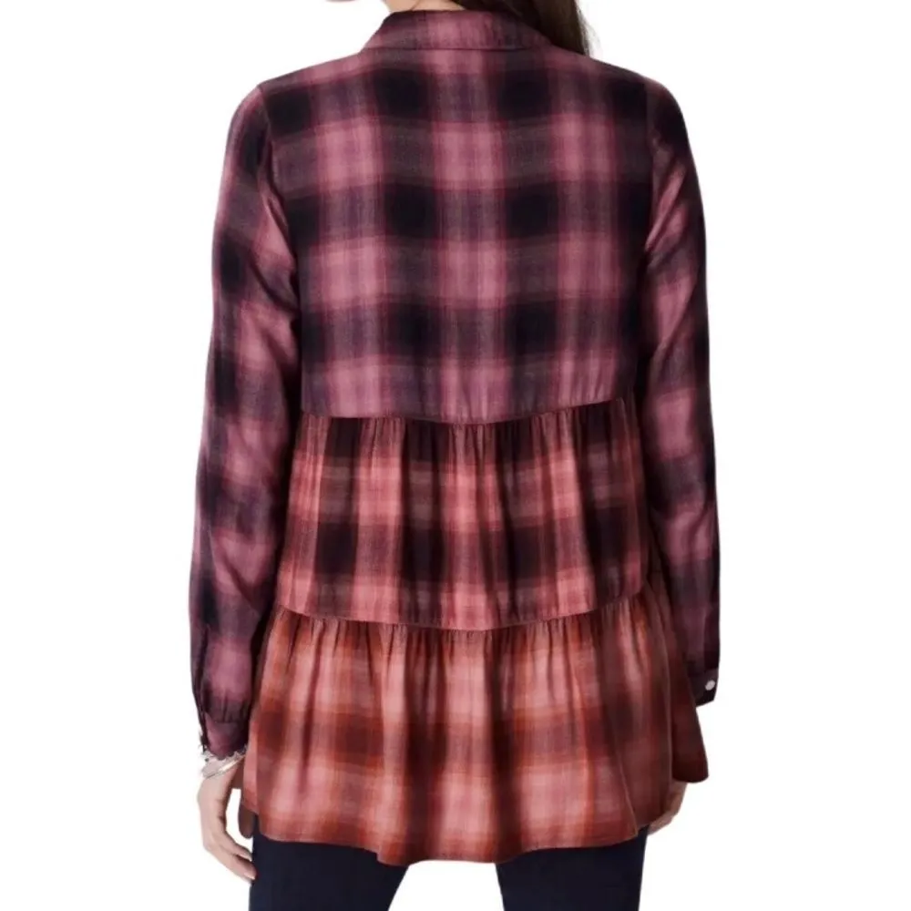 J.Jill Purple Pink Ombre Plaid Flannel Tunic Tiered Button Front Shirt - Image 3
