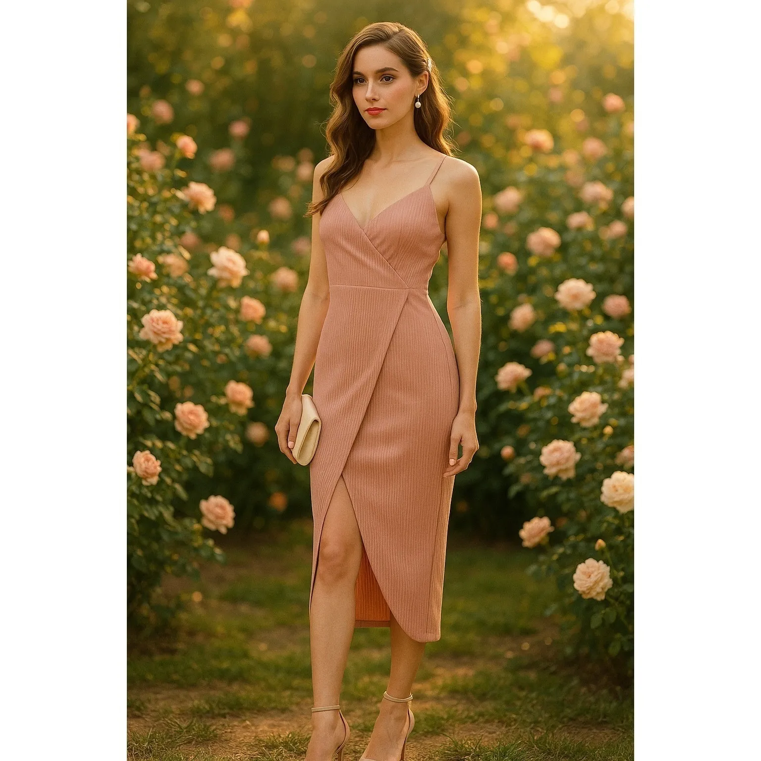 Vintage Lulus Blush Pink Pleated Wrap Midi Cocktail Dress Slit Formal Wedding M Size M - Image 2