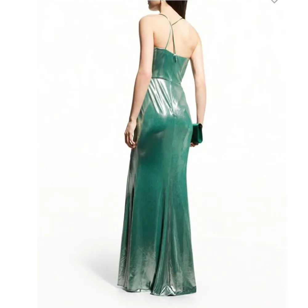 Marchesa Notte Jade Ruched Sleeveless Lame Gown Green Size 10 - Image 4