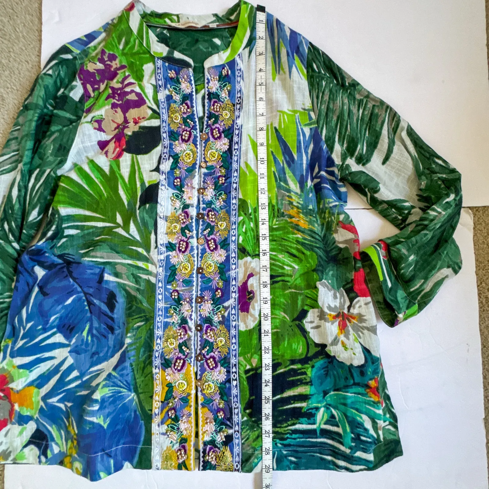 Soft Surroundings Tropical Floral Embroidered Beaded Tunic Top PL - Image 11