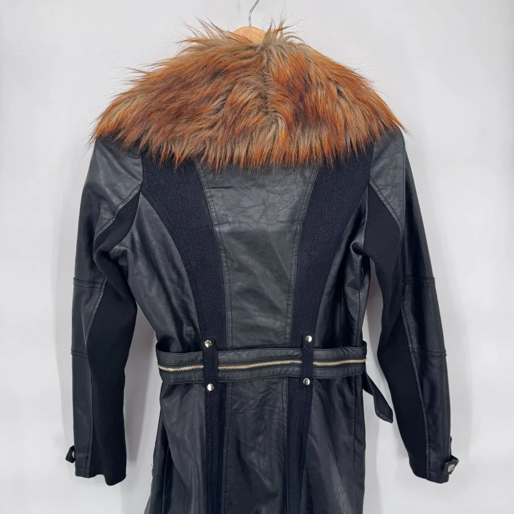 River Island Moto Jacket Womens 6 Black Faux Leather‎ Faux Fur Trim Belt Pockets - Image 7