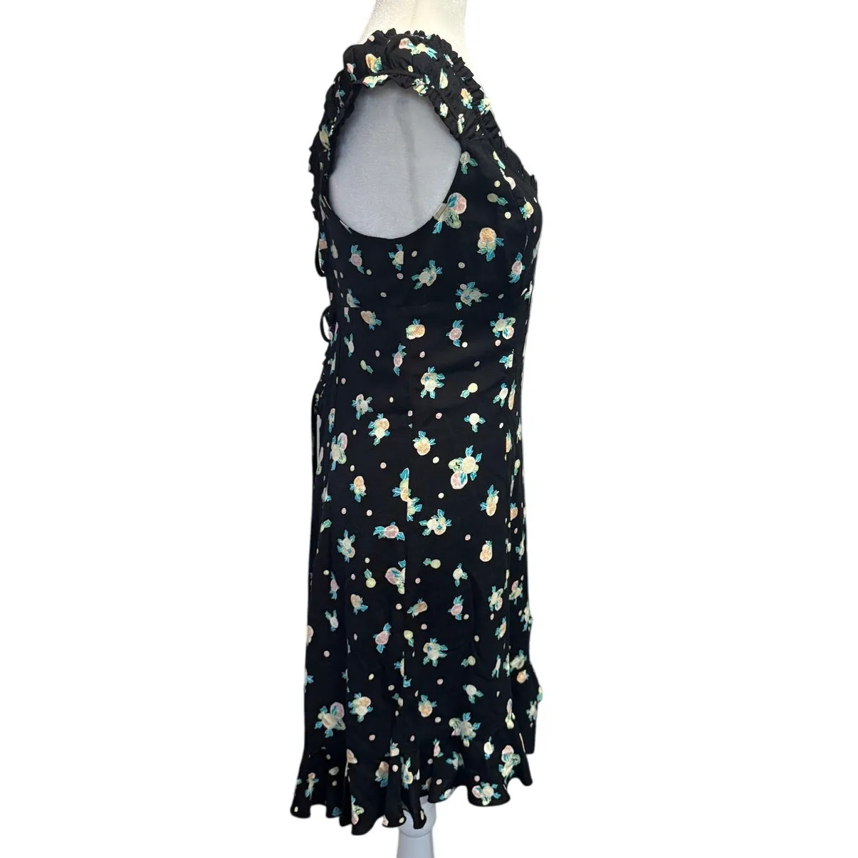 FREE PEOPLE “Like a Lady” Black Floral Mini Dress Size M Open Back, Ruffle Hem - Image 5