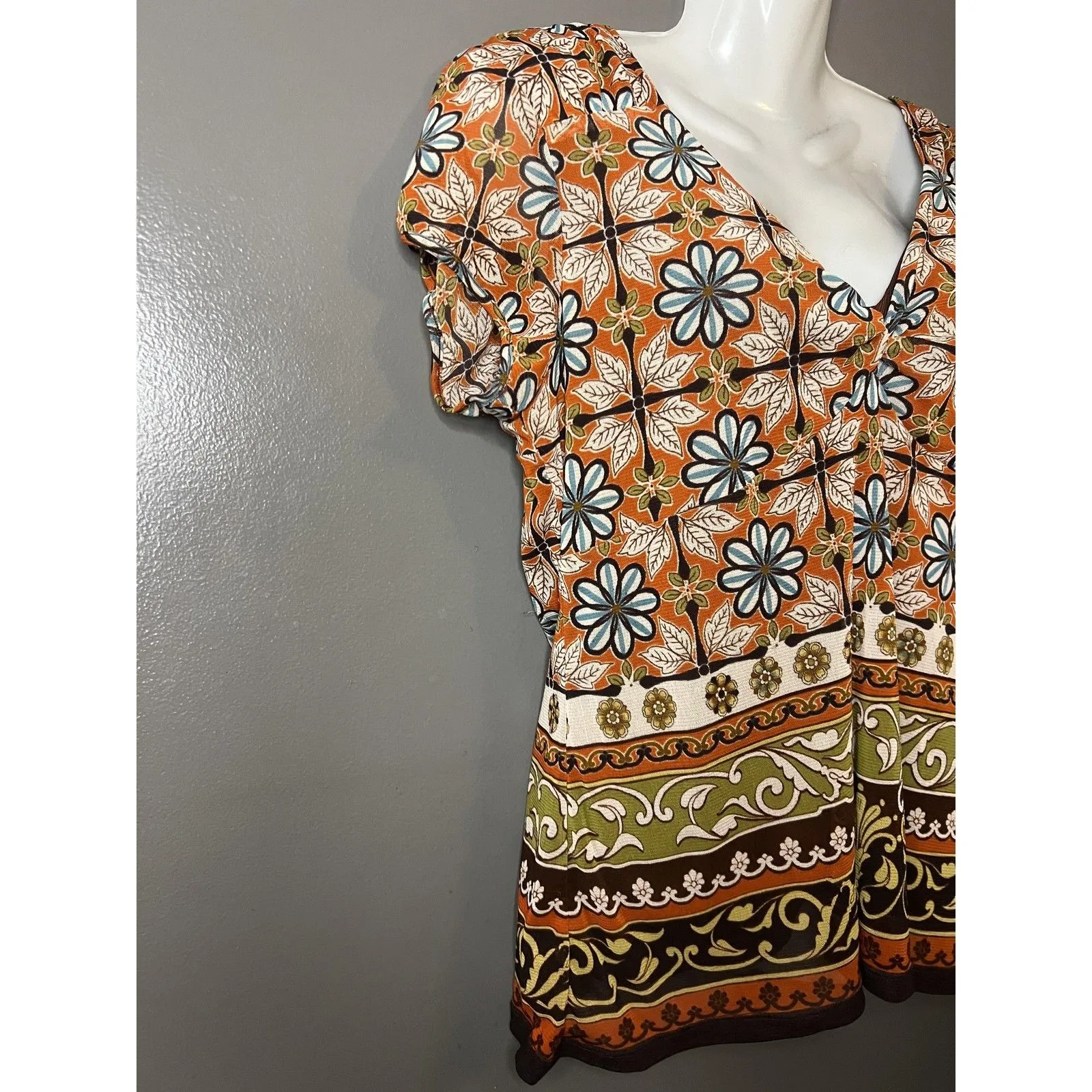 Nicole By Nicole Miller Shirt Womens XL Orange Boho Floral V Neck Top Blouse - Image 2