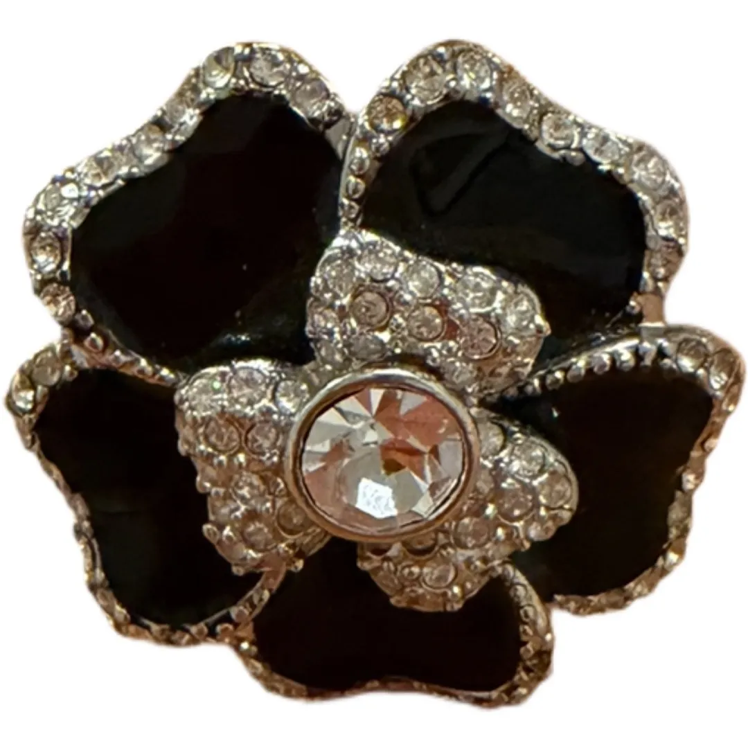 lia sophia Sparkling Rhinestone & Black Enamel Flower Ring Silver Plate Sz 8 - Image 1