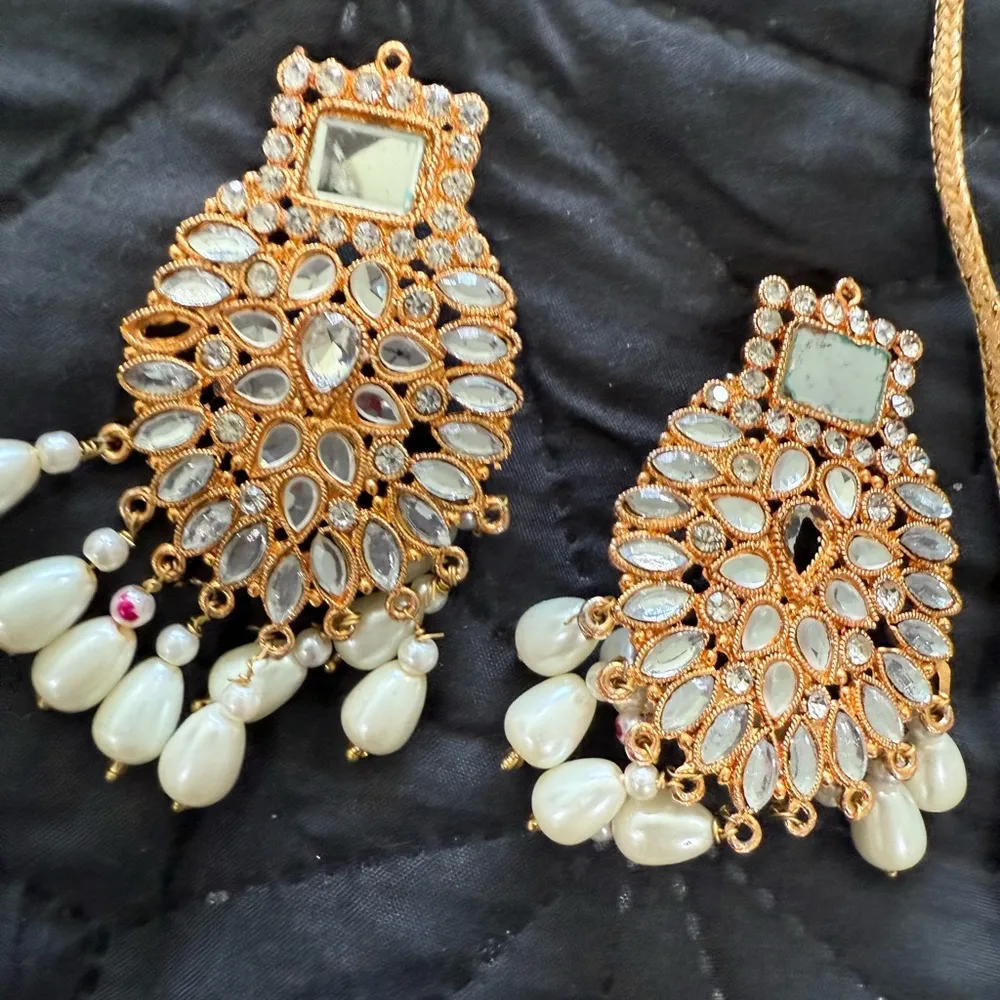 Indian Pakistani bridal wedding pearl jewelry set Gold - Image 3