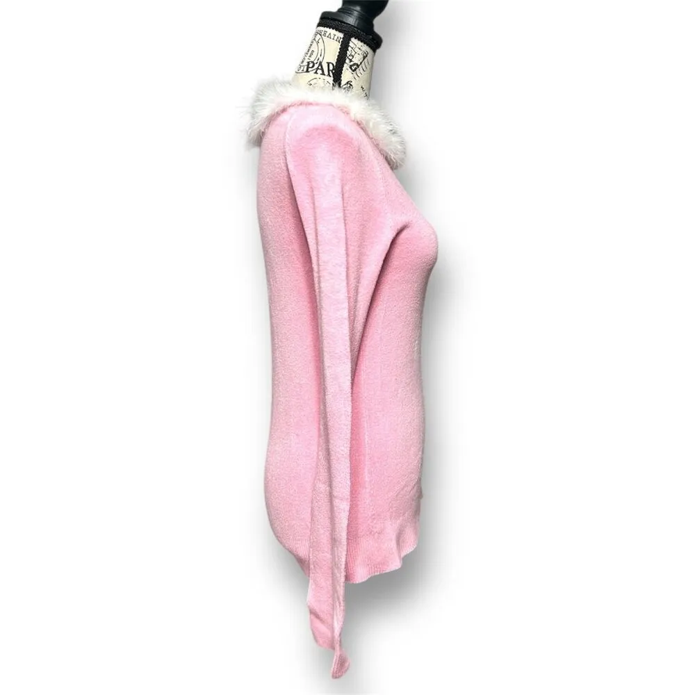 BCBGMAXAZRIA S Pink Faux Feather Trim Knit Long Sleeve Sweater Barbiecore Y2K - Image 3