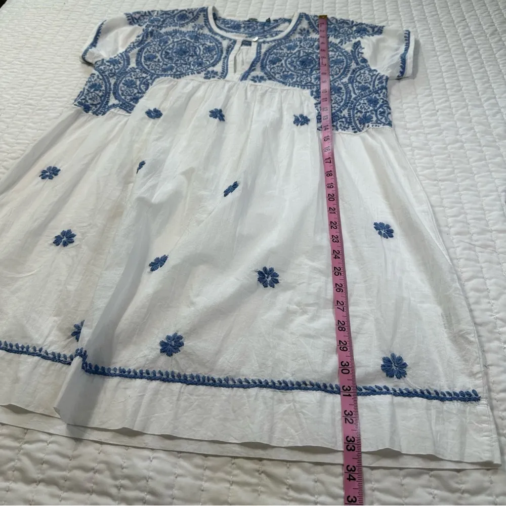 DOLMA White and Blue 100% Cotton Hand Embroidered Mini Dress Size M - Image 3
