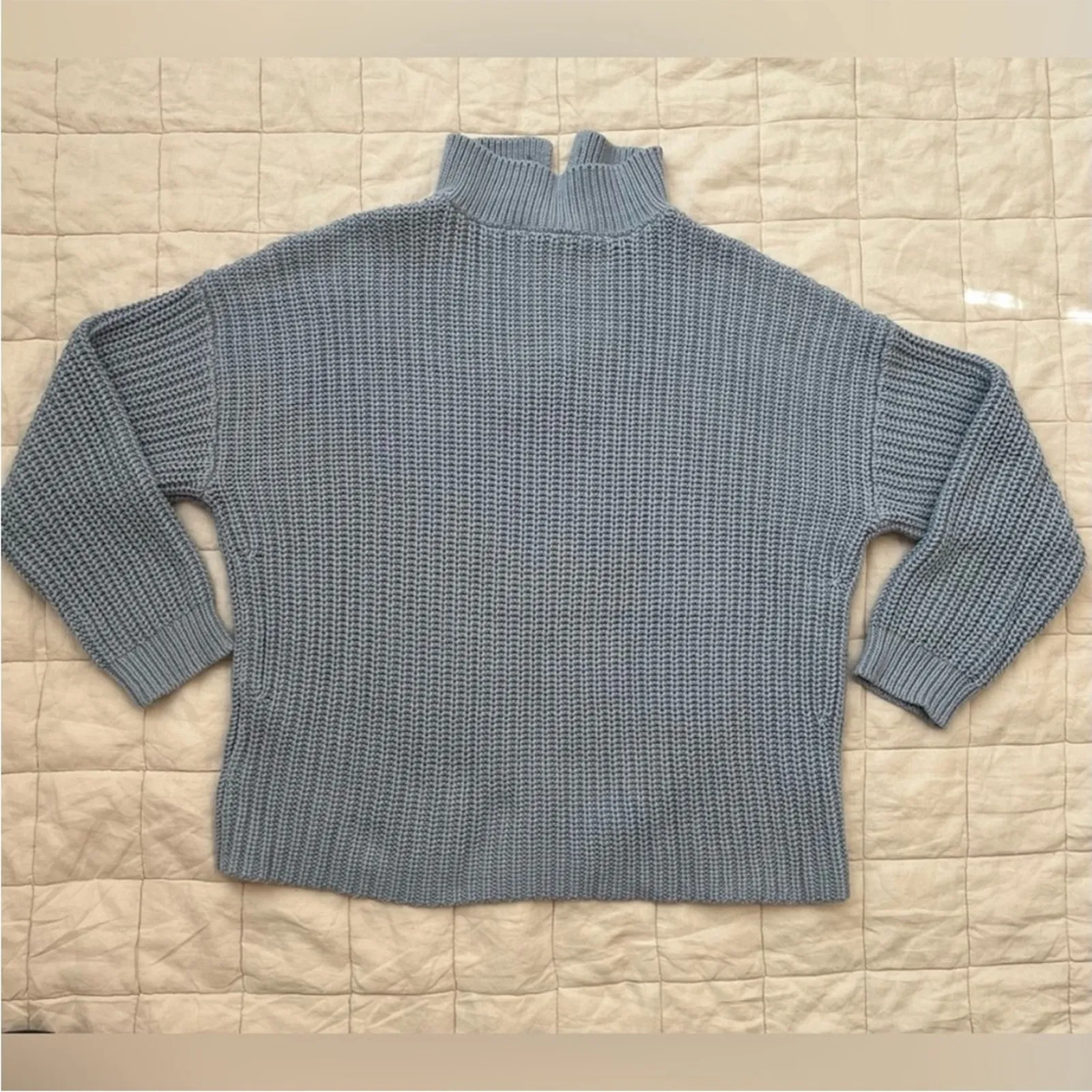 Blue Quarter Button V Neck Chunky Knit Sweater Fisherman Nautical Preppy - Image 4