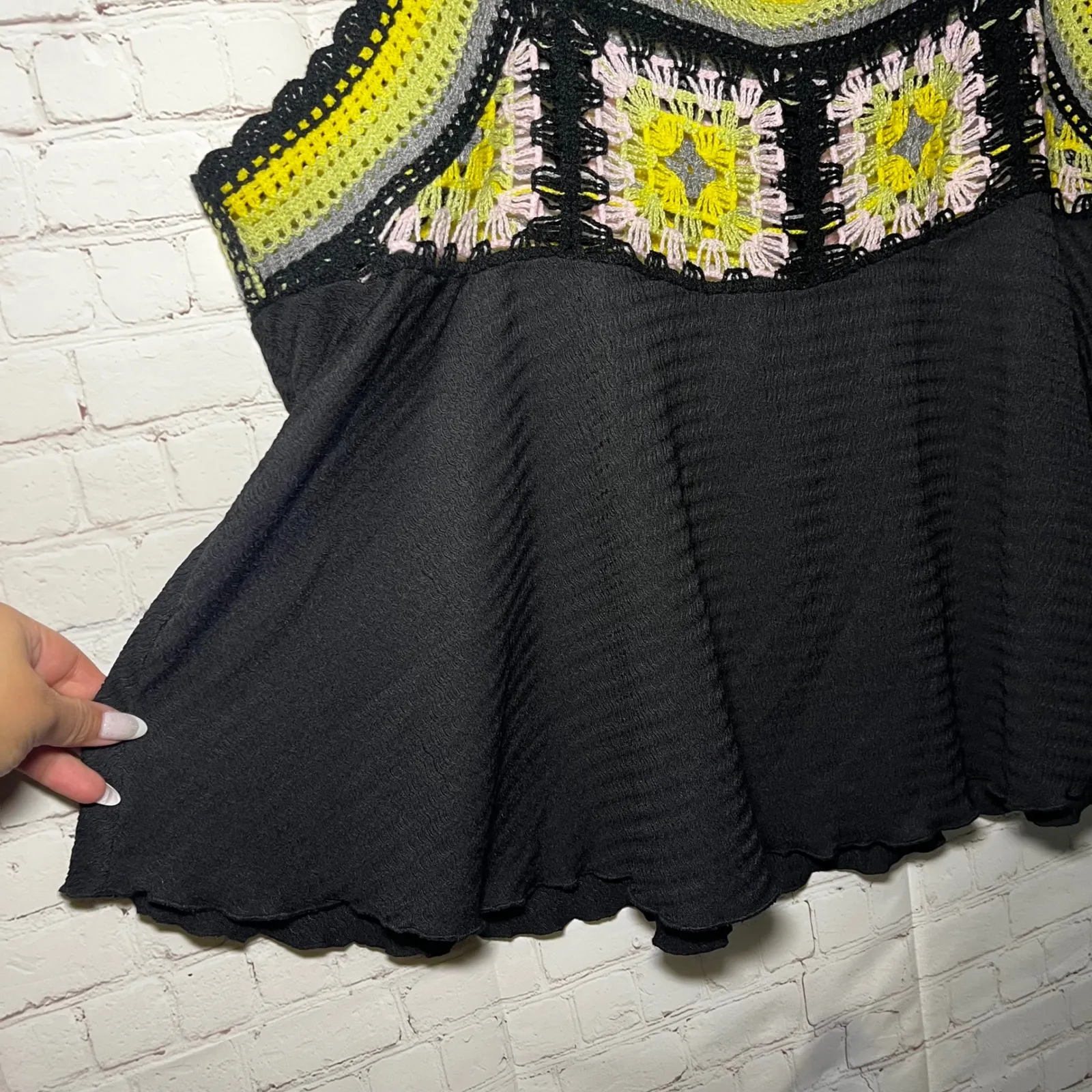 Crochet Trim Tank Top Black Square Neck Sleeveless Peplum Festival Boho Size 4XL - Image 3