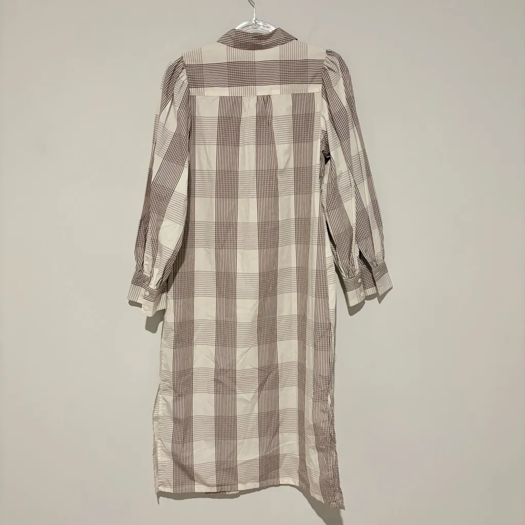 A New‎ Day Long Sleeve High Cuff puff sleeve plaid Shirtdress brown white Small - Image 9