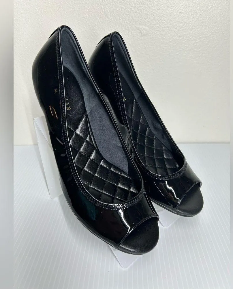 Cole Haan Womens Peep Toe Mid Wedge Slip On Pumps Black Patent Leather Size 6.5B - Image 3